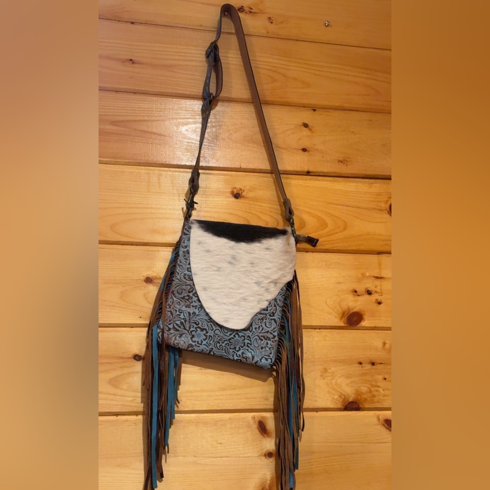 Myra Bag Blue Tooled Fringe Crossbody with White Haircalf Accent